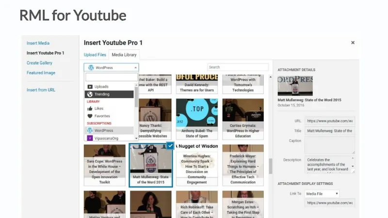 WP RML for Youtube - плагин, который позволит подключить ваш youtube канал к медиа библиотеке