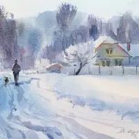 Природный пейзаж акварелью. Зима