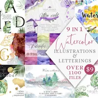 Набор графических иллюстраций Watercolor Illustrations & Letterings