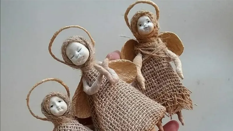 Тканные ангелочки, бумажная девочка, бумажный дед мороз