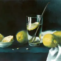 Голландский натюрморт. Бокал воды и лимон акварелью
