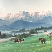 Горный пейзаж с лошадьми