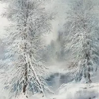 Зимний пейзаж акварелью