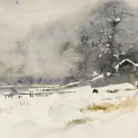 Зимний этюд акварелью. Вид на реку