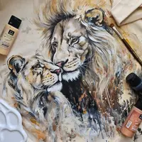 Роспись по ткани: Пионы, протея, лимоны, лев