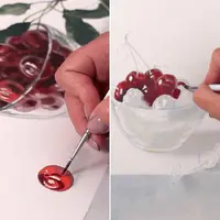 Вишня в стеклянной вазочке акварелью