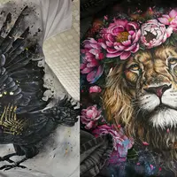 Роспись по ткани: Ястреб, черный ворон, лев, белый ворон