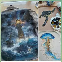 Роспись по ткани: Маяк, замшевая черепашка, медуза