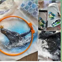 Роспись по ткани: Киты, птичка, волки