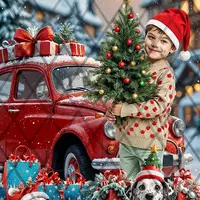 Коллаж Новогодний с красной машиной №2