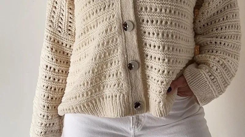 Кардиган-оверсайз с японским плечом сетчатым узором спицами Yutori