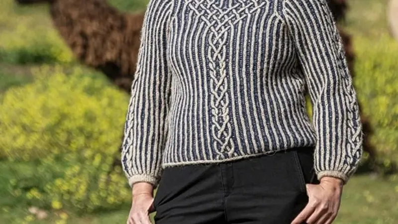 Вязаный спицами свитер резинкой двухцветная бриошь Anahata