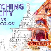 Городские зарисовки ручкой, пером и акварелью